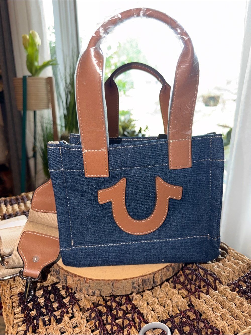 True Religion Denim Mini Tote Crossbody Bag Horseshoe Logo Y2K Blue Tan